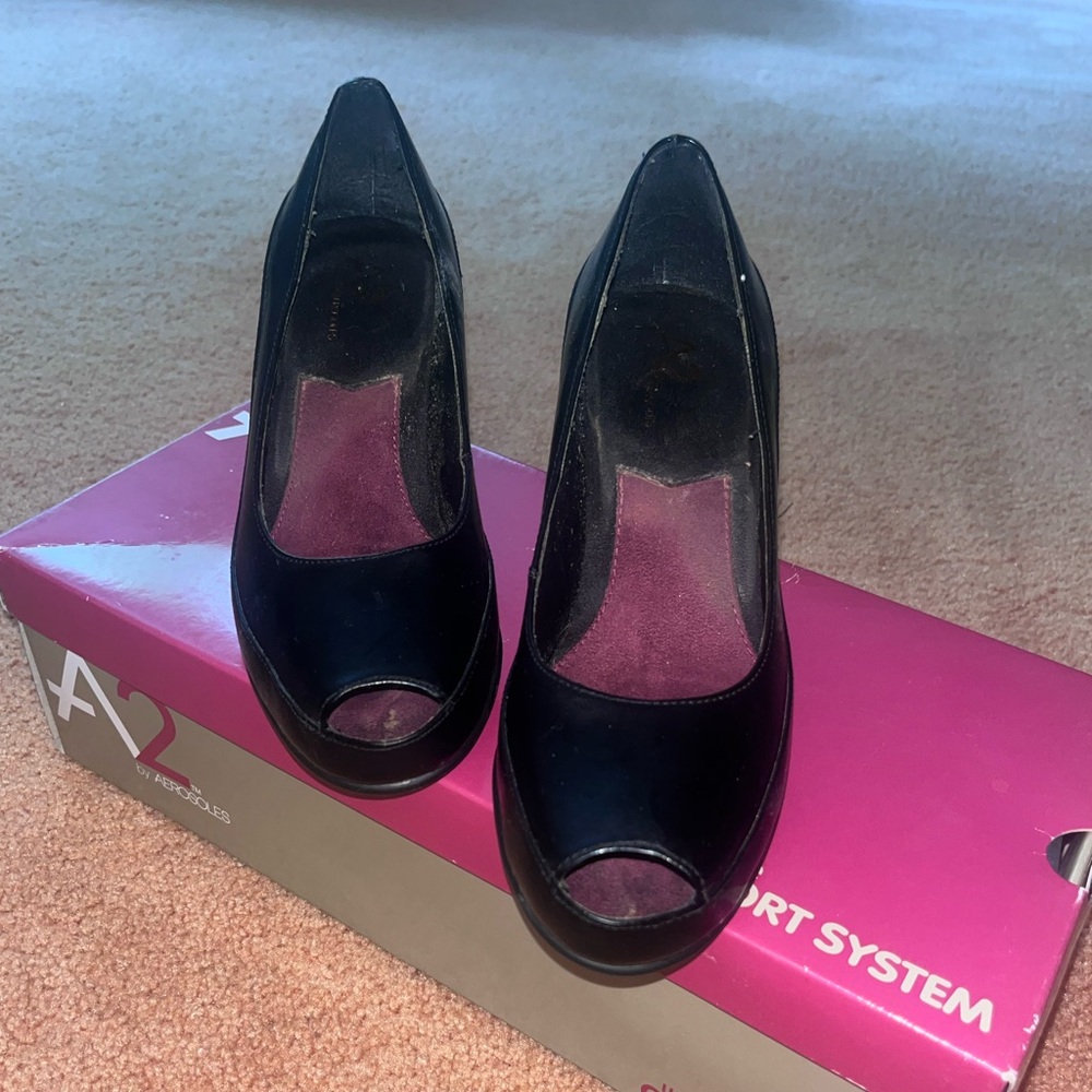 A2 By Aerosoles Black Peep Toe Pumps